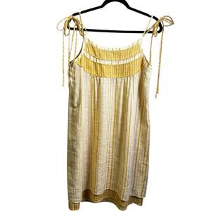 Worth Yellow White Stripe Tie Strap Tiered Mini Linen Shift Dress Womens 8